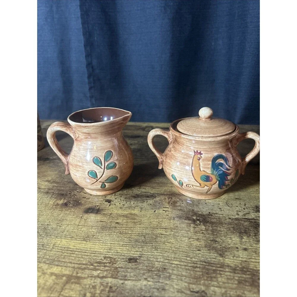 Pennsbury Pottery Rooster Cups Creamer Sugar Bowl Country Farmhouse Vintage Set